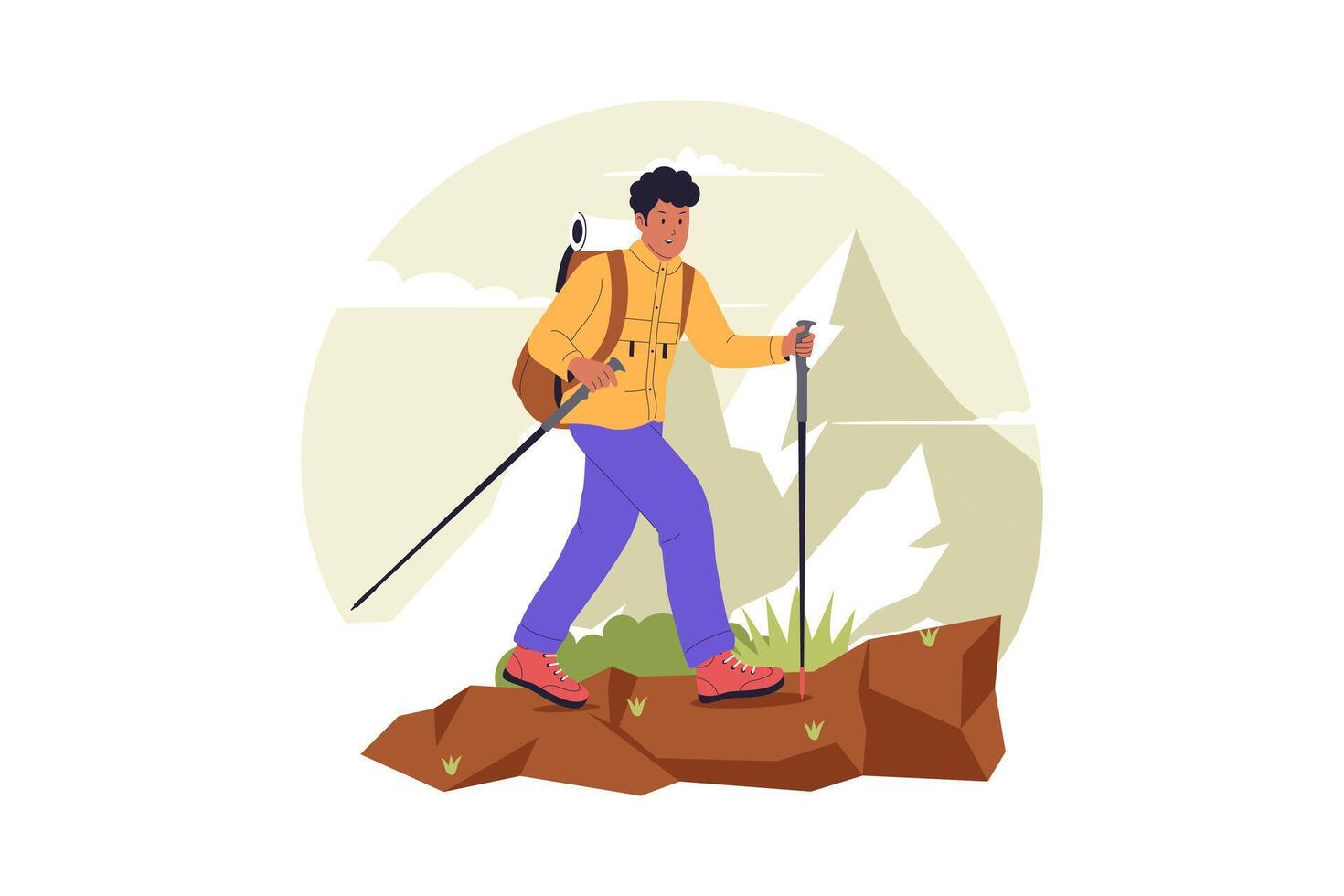 Flat Illustration of Man Hiking in the Mountains with Backpack and Trekking Poles vector