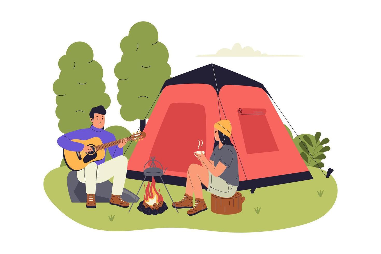 Couple camping by a campfire vector