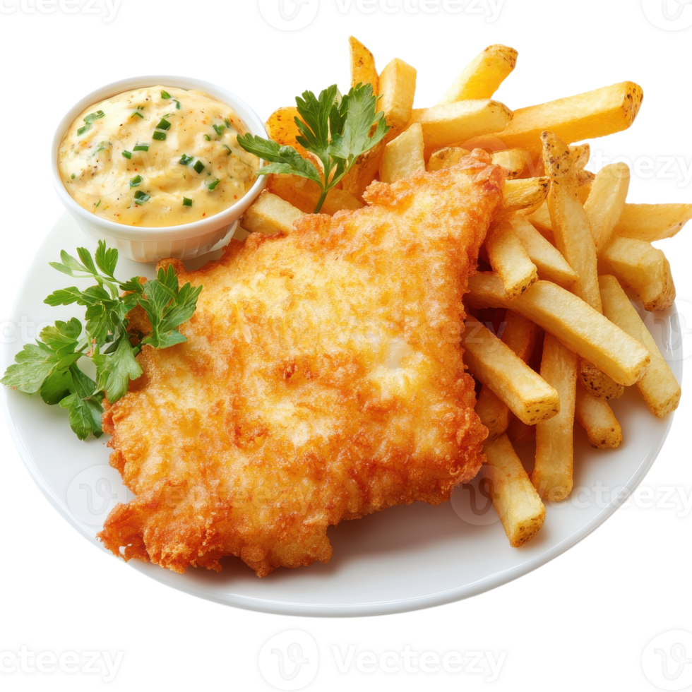 Fish and chips on plate on transparent background. png