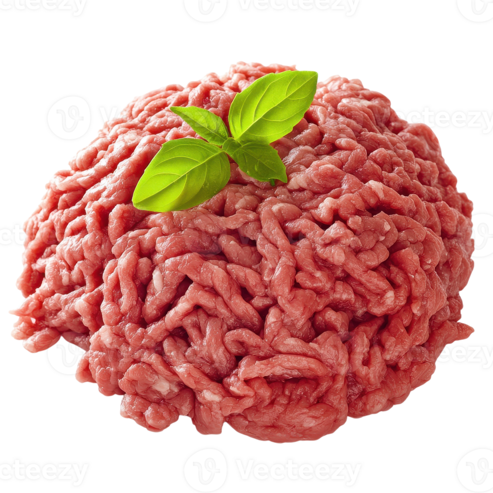Ground meat with basil on transparent background. png