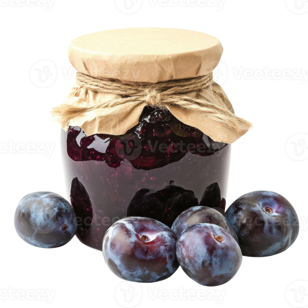 Jar of plum jam and plums on transparent background. png