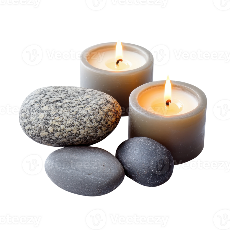 Candles and smooth stones on transparent background. png