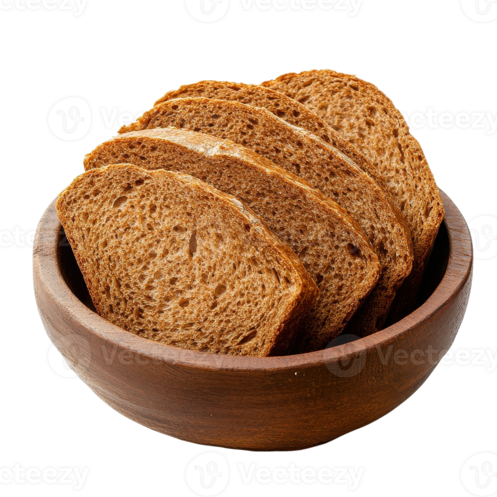 Sliced bread in wood bowl on transparent background. png