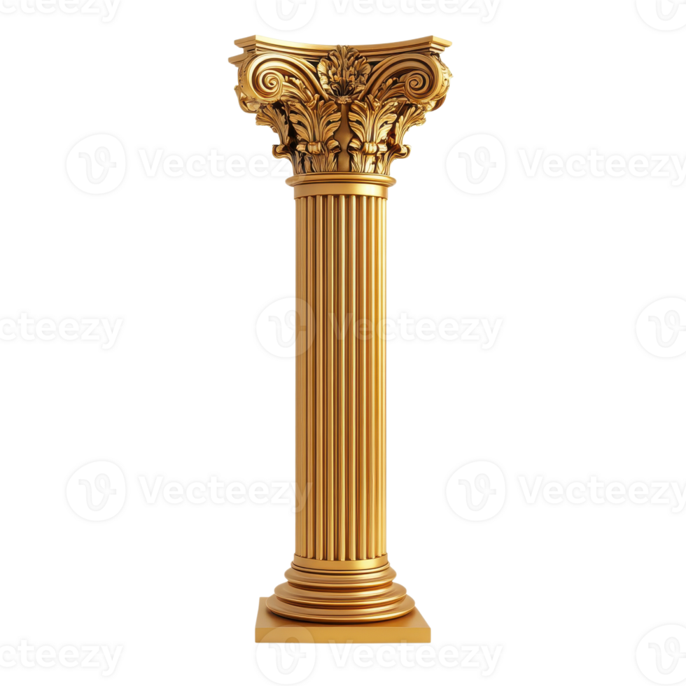 Golden ornate column art on transparent background. png