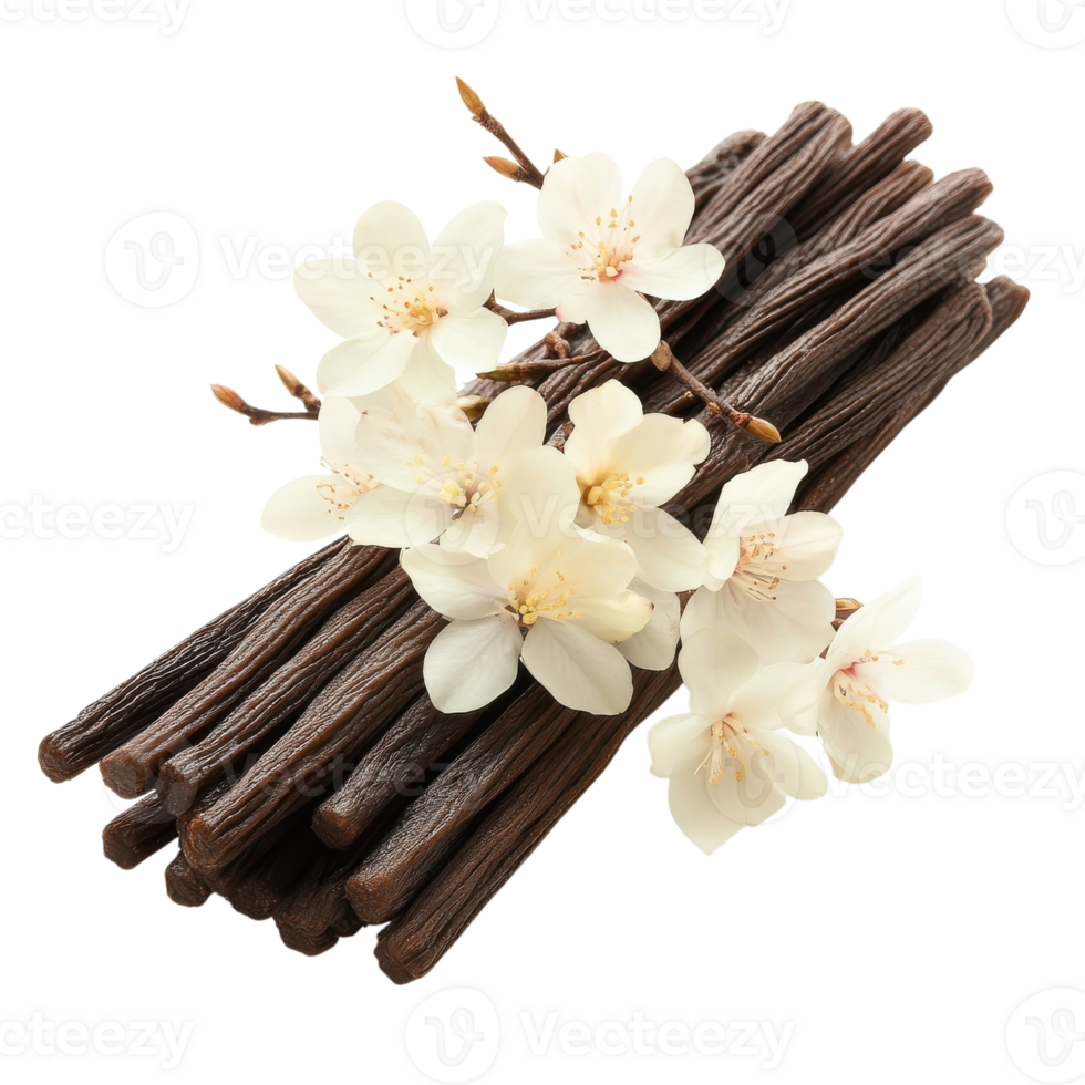 Vanilla beans and blooms on transparent background. png