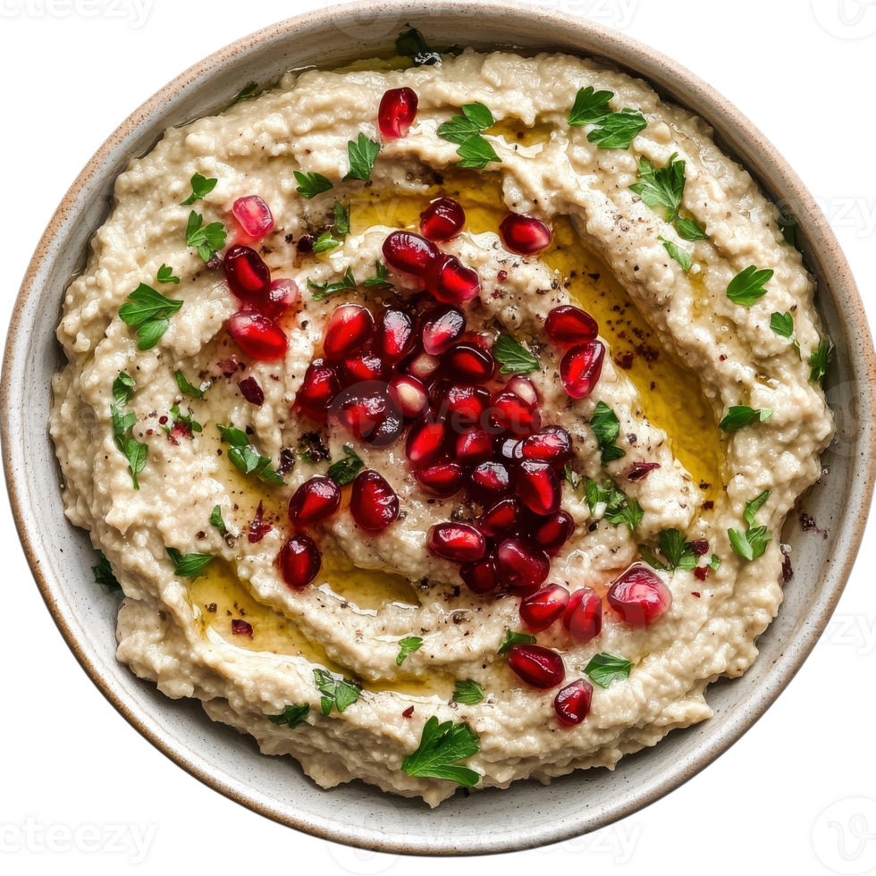 Bowl of baba ghanoush on transparent background. png