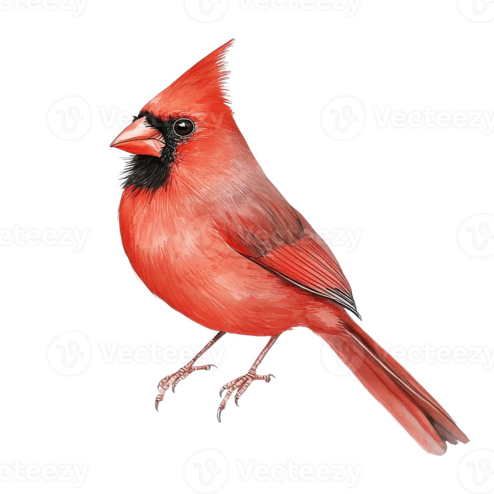 A red cardinal perched up on transparent background png