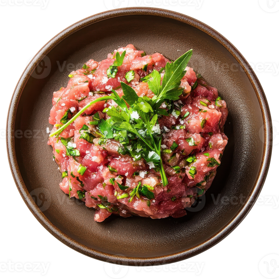 Tartare with fresh herbs on transparent background. png
