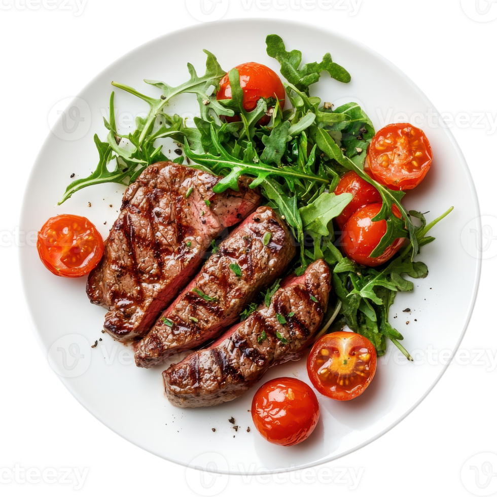Steak with salad plate on transparent background. png