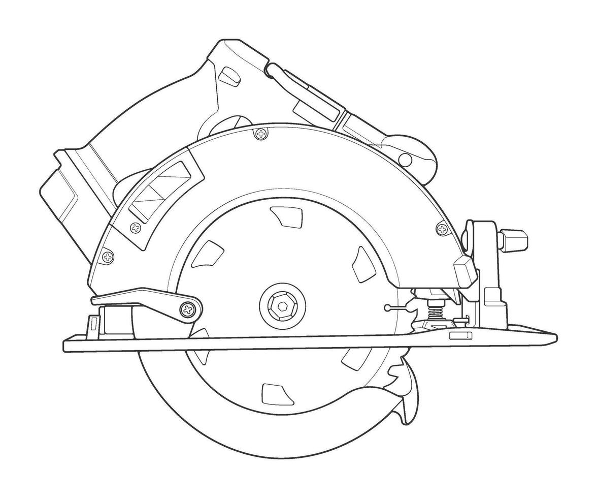 Outline Illustration hand drawn of Circular Saw Power Tool. Cordless Handheld Electric Wood Cutter. vector