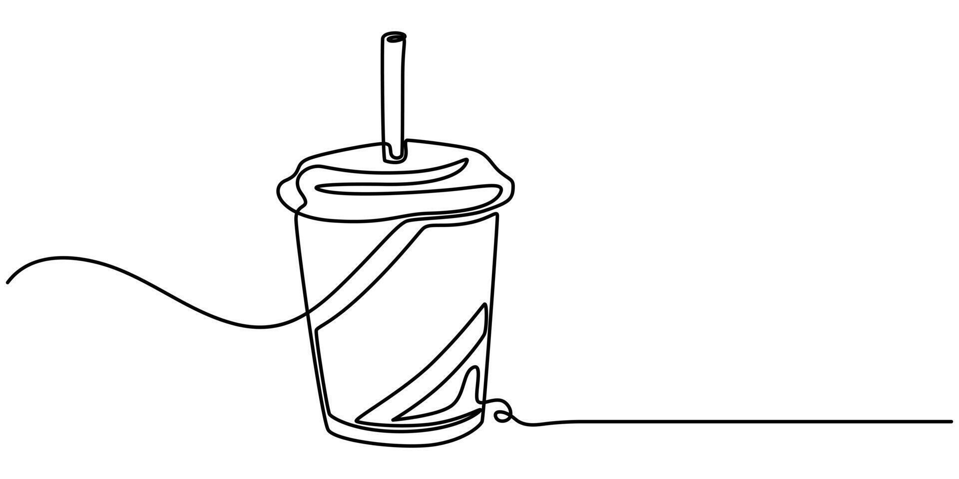 paper cup with dringking straw continuous one line drawing vector
