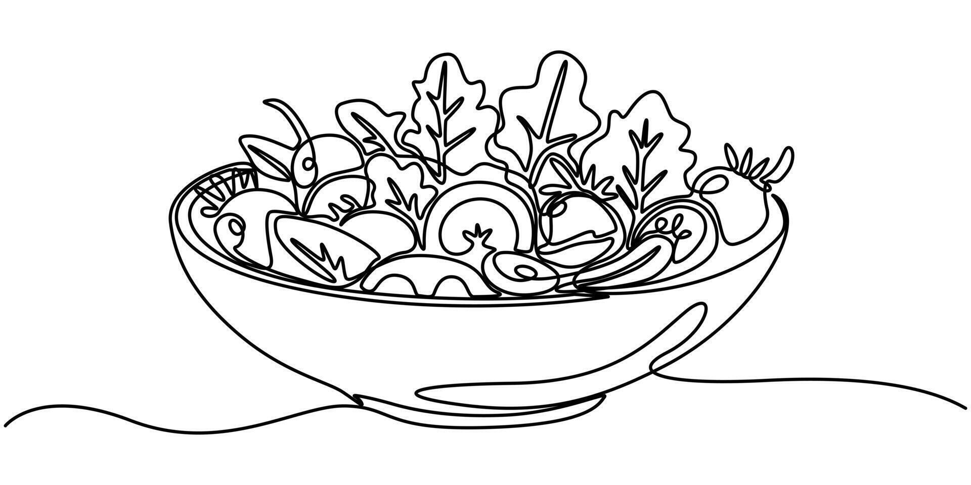 vegetables salad on bowl continuous one line drawing, Single one line drawing Fresh vegetable salad in bowl vector