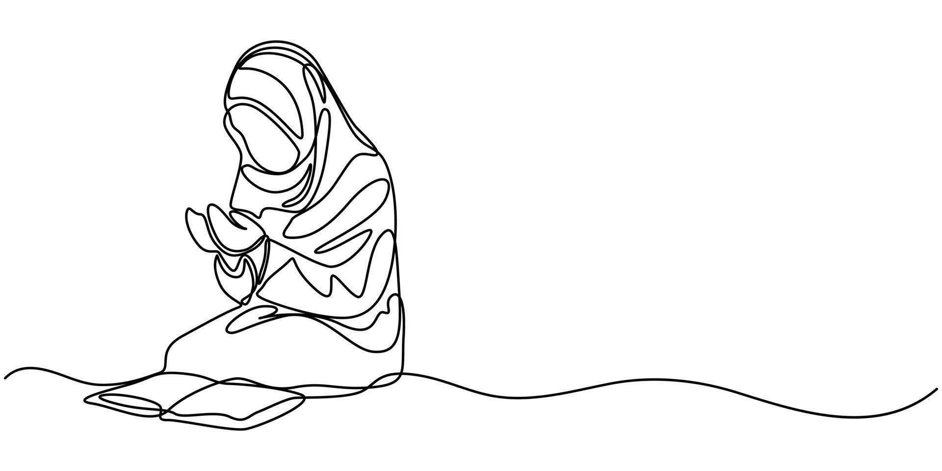 Muslim woman praying and reading the Koran continuous one line drawing vector