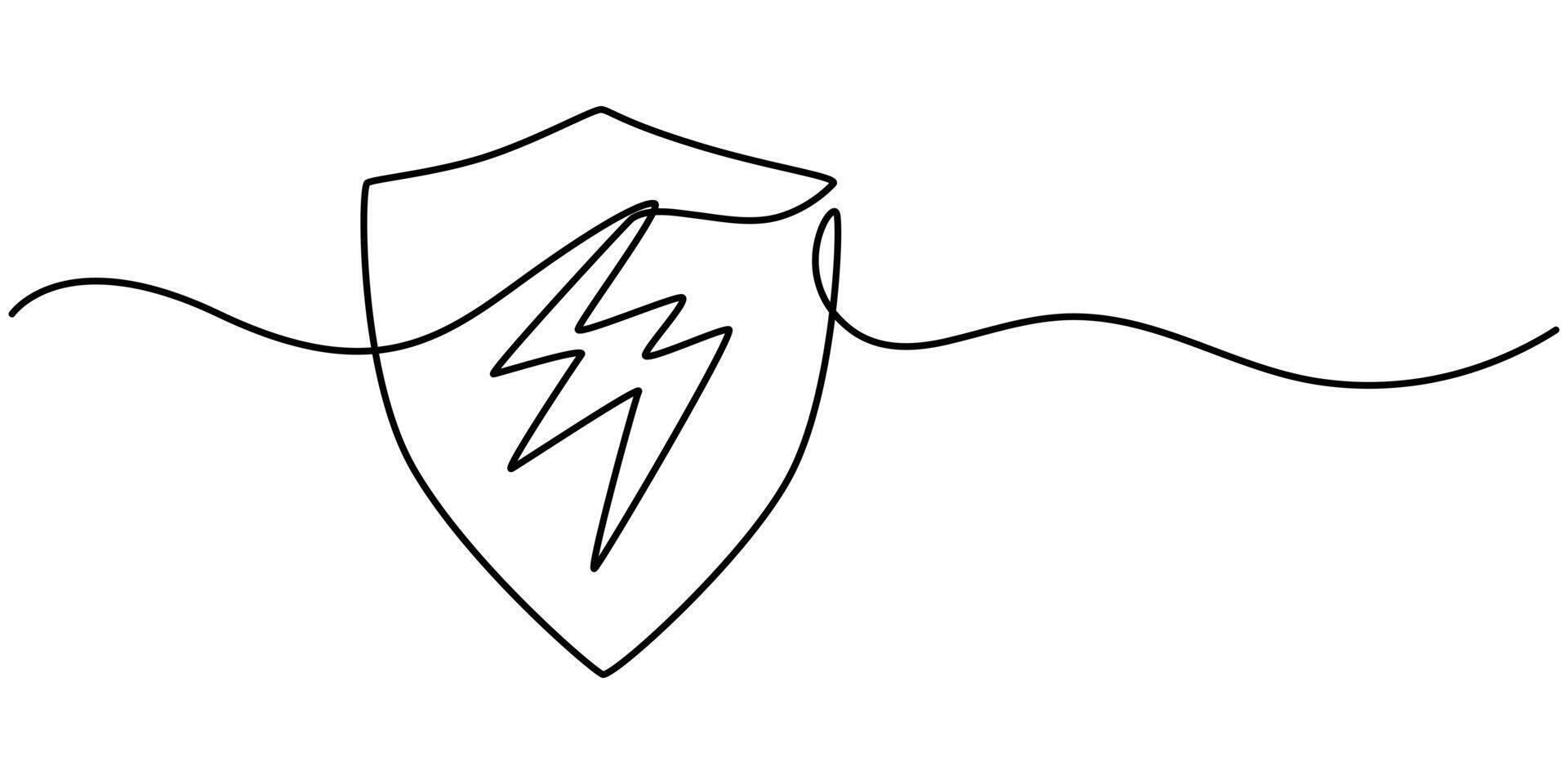 Continuous linear drawing of shield with lightning. Safety concept vector