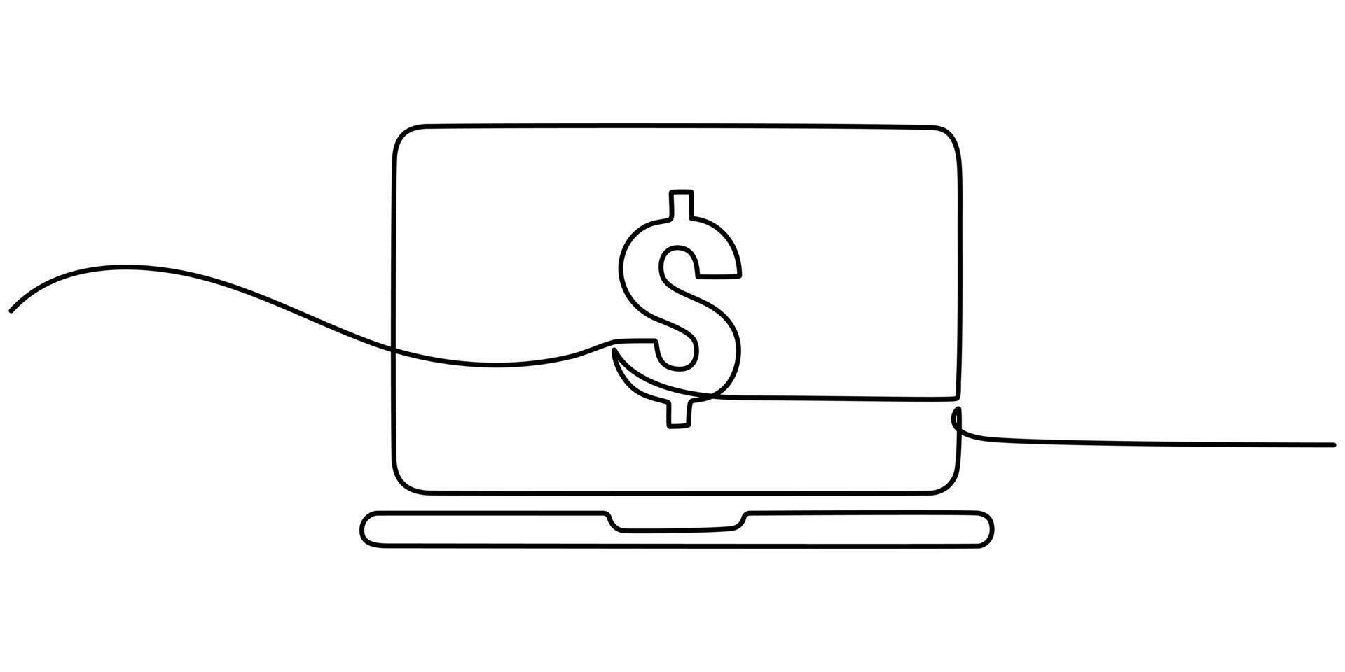 Laptop with stack of coins. Line icon with sunbursts on white background, monitor with coin continuous one line drawing vector
