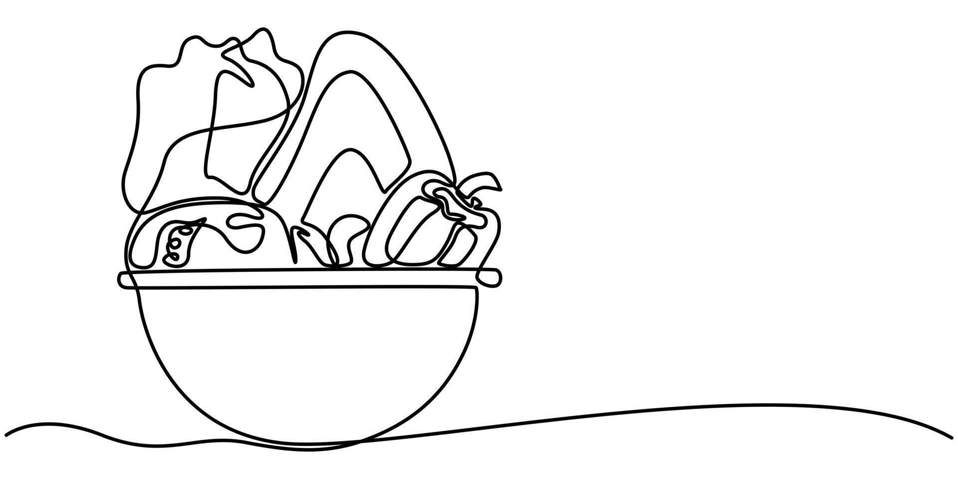 Single continuous line drawing of stylized vegetables salad on bowl logo label. Healthy food restaurant concept. vector