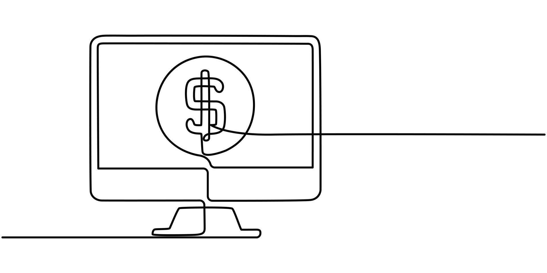 monitor with coin continuous one line drawing vector