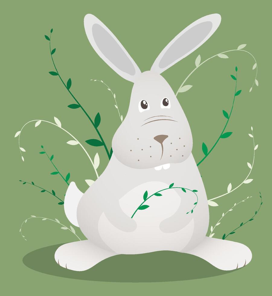 Little funny rabbit sits on green meadow. Symbol of Easter and 2023 in Chinese calendar. Childrens image illustration vector
