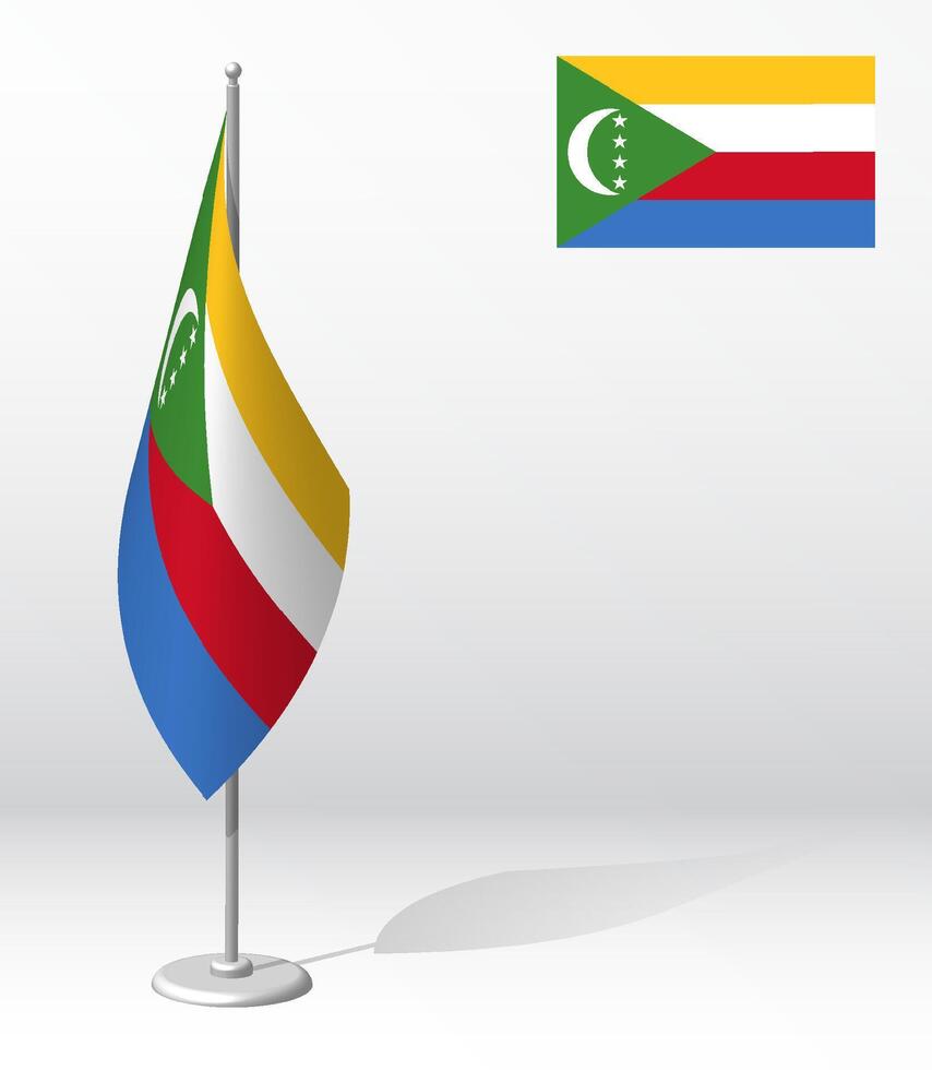Comoros flag on flagpole for registration of solemn event, meeting foreign guests. National independence day of Comoros. Realistic 3D on white vector