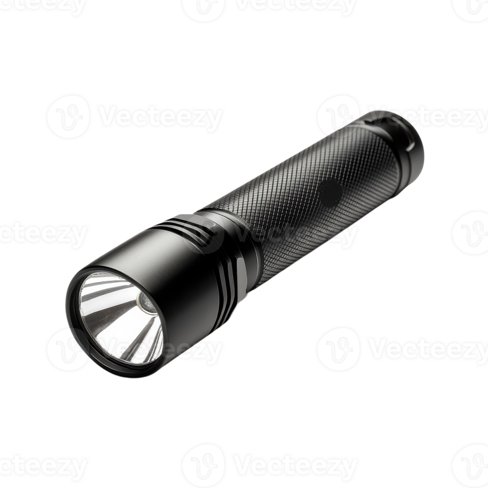 A black metal flashlight on transparent background png