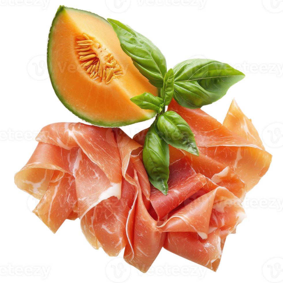 Melon with basil and ham on transparent background. png