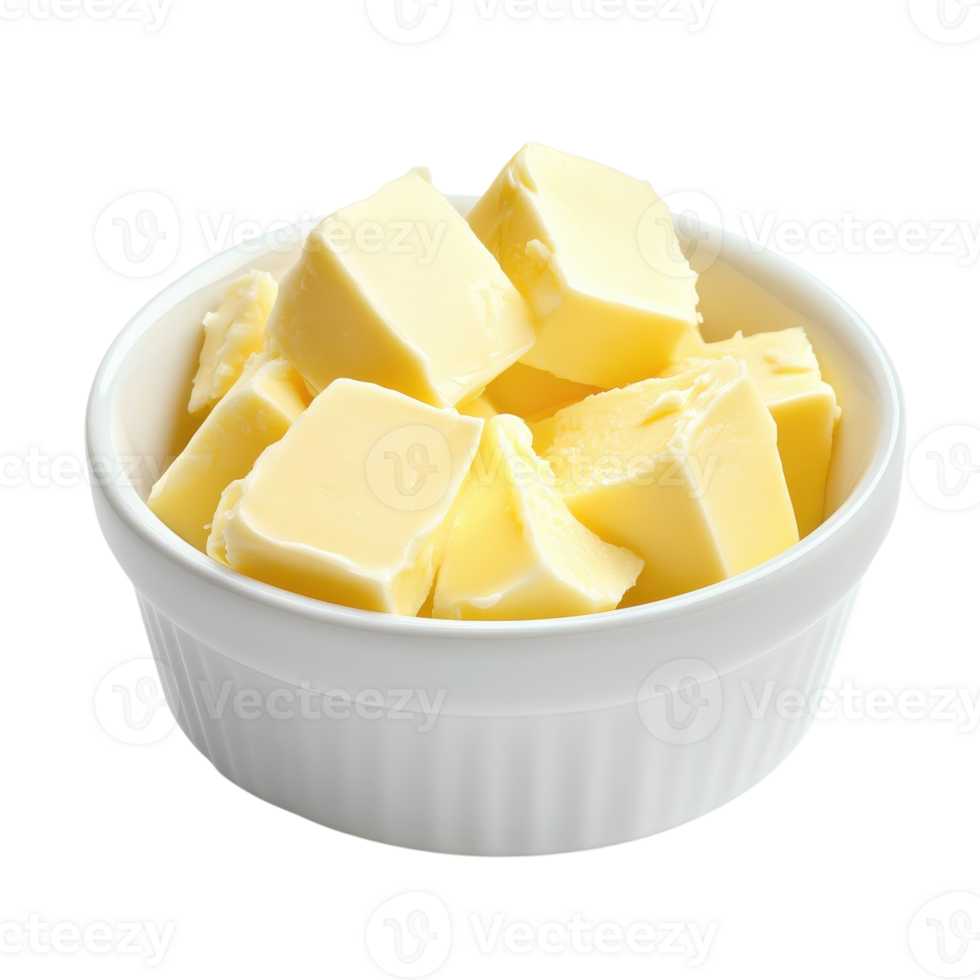 Butter cubes in a bowl on transparent background. png
