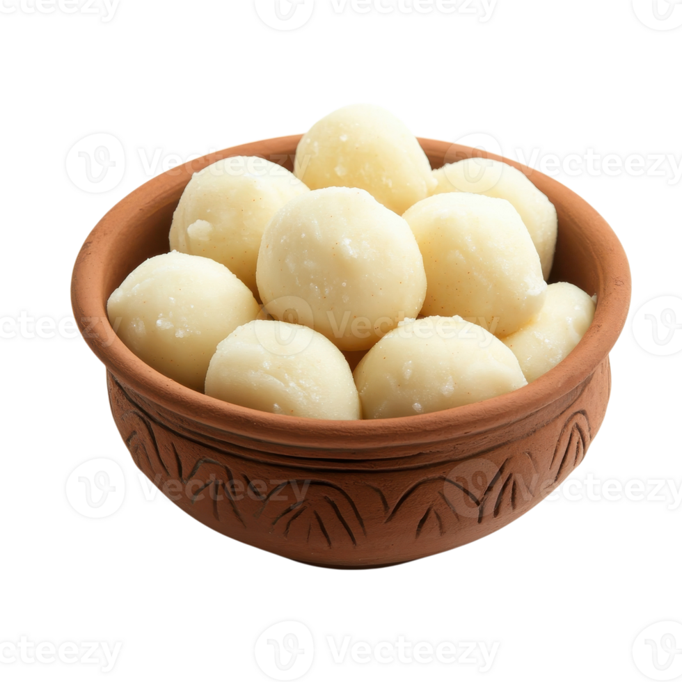 Sweet balls in clay bowl on transparent background. png