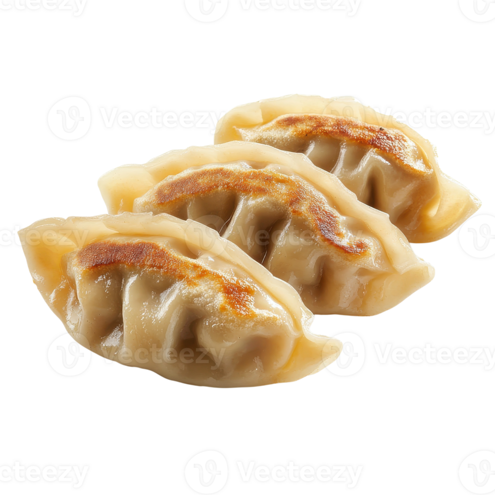 Three fried dumplings up on transparent background. png