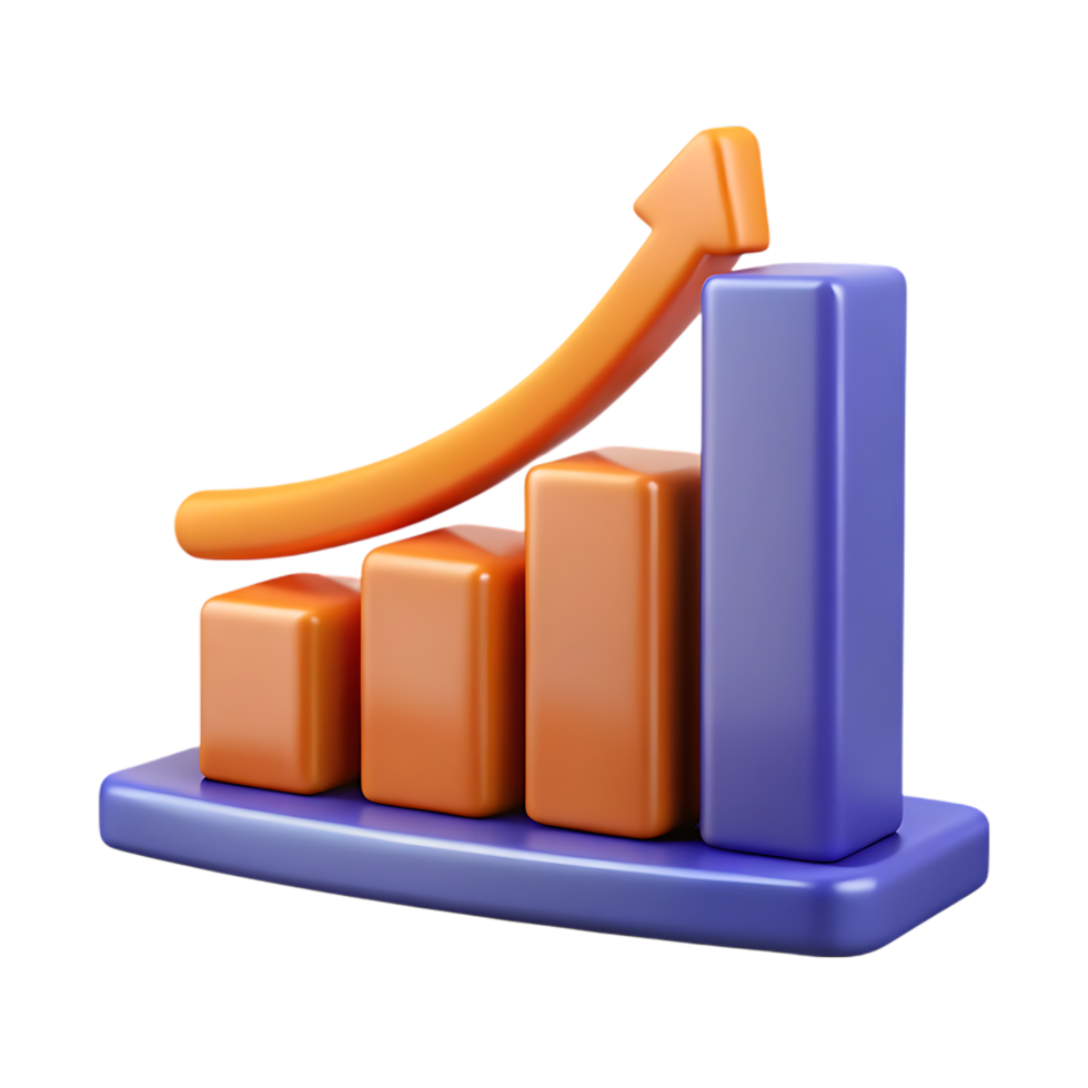3d rendered chart illustrating business growth and upward trend with an orange arrow symbol. png