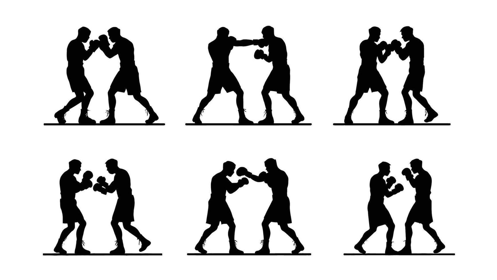 Intense Boxing Match Silhouettes Six Dynamic Poses of Boxers in Action, Displaying Skill and Power vector