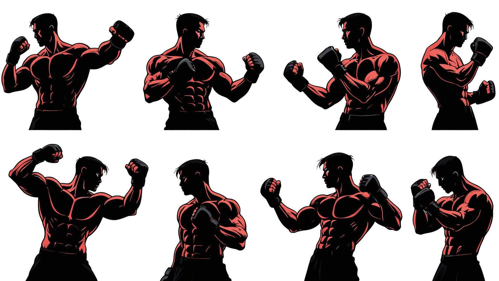 Powerful Muscular Male MMA Fighter Poses Intense Training and Combat Action in Silhouette - Professional digital artwork with vibrant colors and detailed composition vector