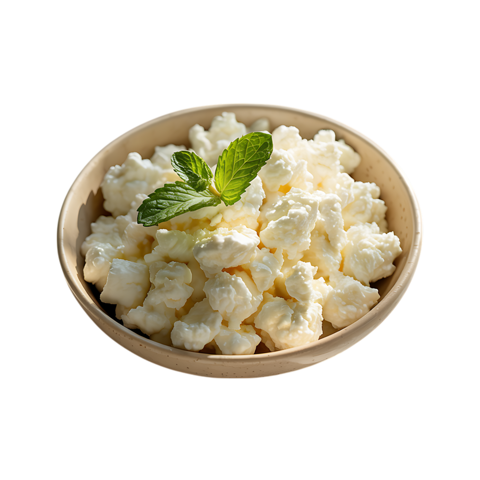 Delicious and fresh cottage cheese served in a rustic bowl garnished with fresh mint leaves png