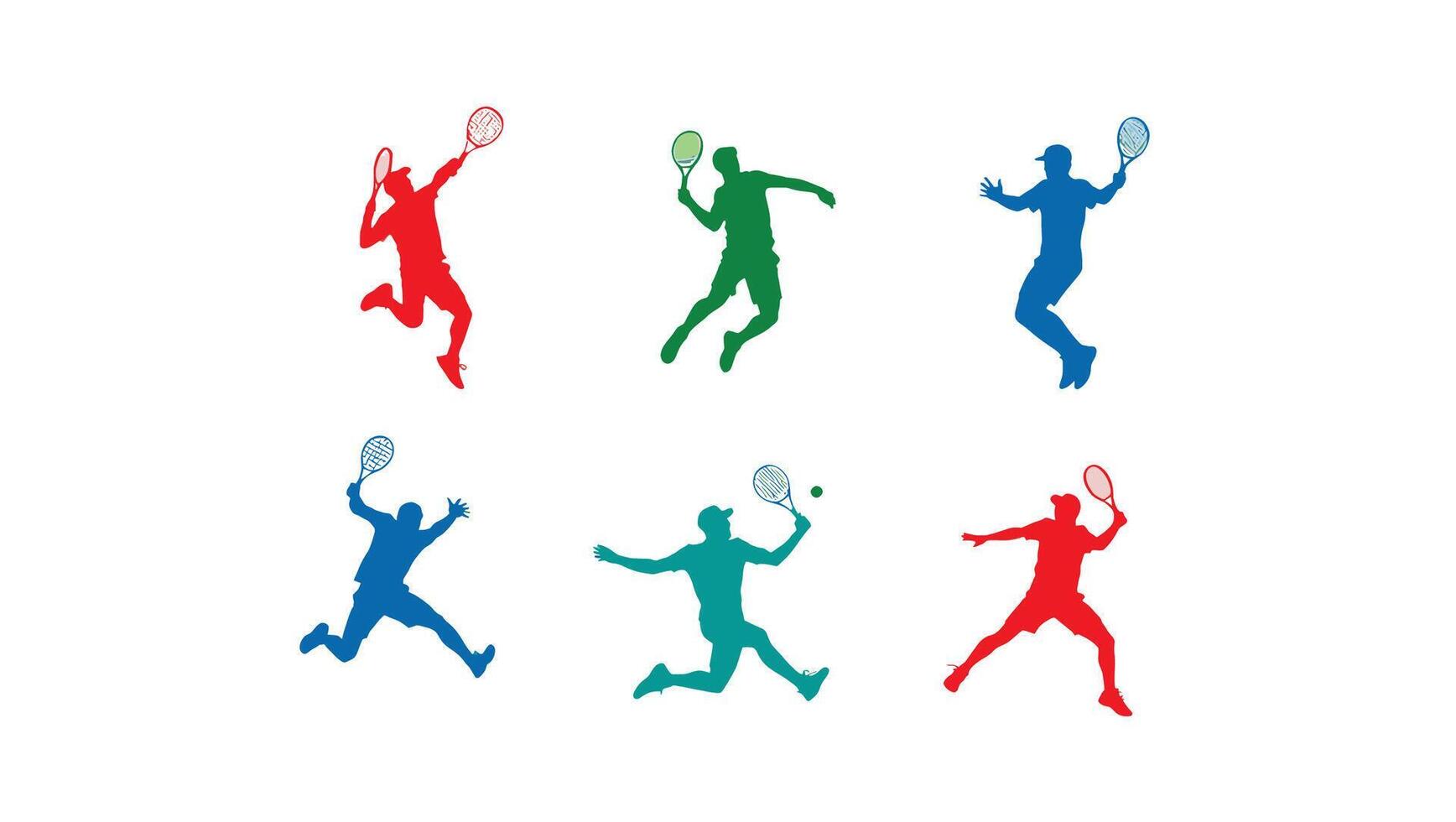 Energetic Colorful Silhouettes of Tennis Players Dynamically Serving and Returning on a White Court Background vector
