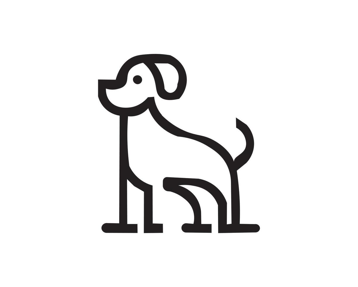 Minimalist black and white dog silhouette logo with playful sitting puppy vector