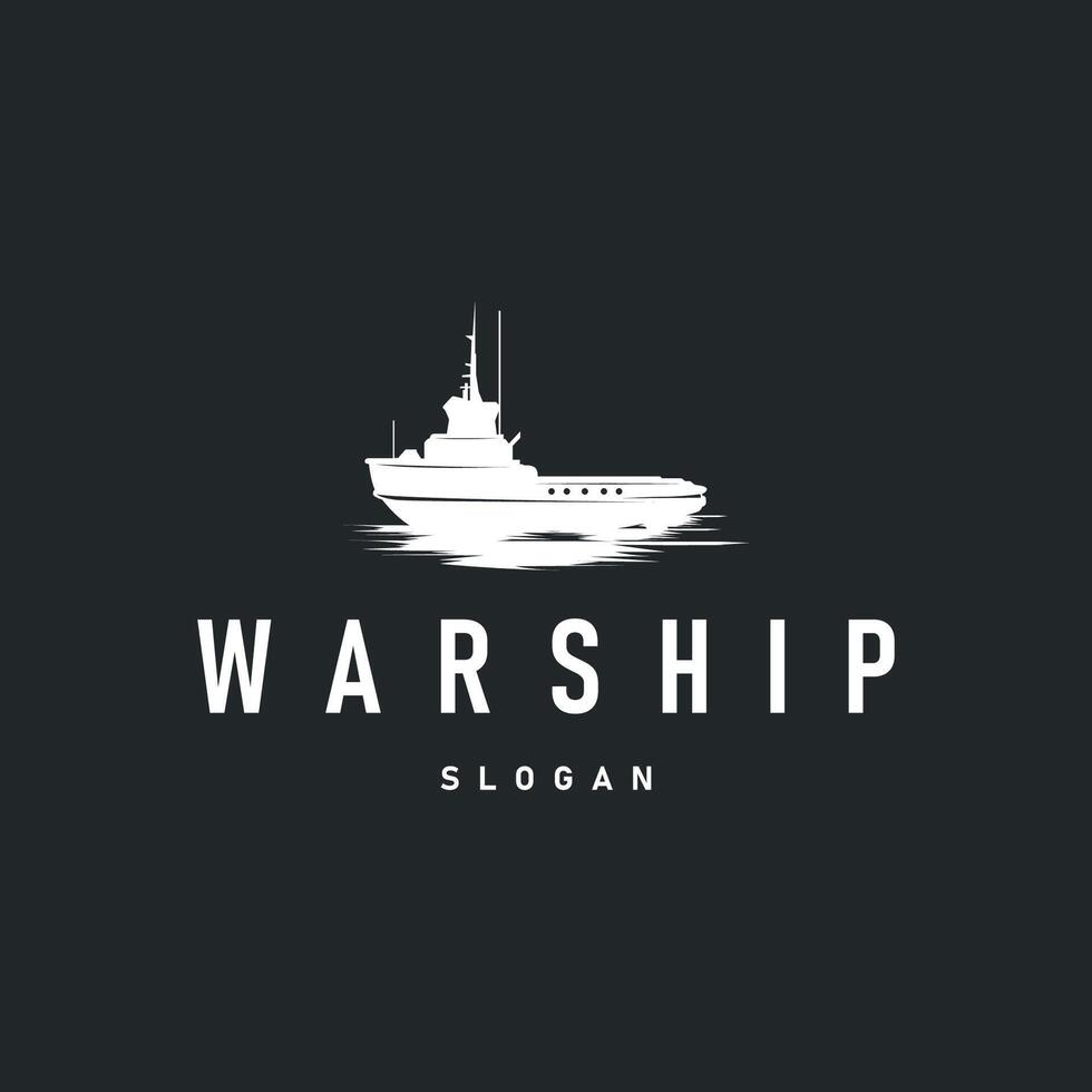 Military warship logo design, war ocean transport with ship icon with heavy weapons with black silhouette as brand template symbol illustration vector