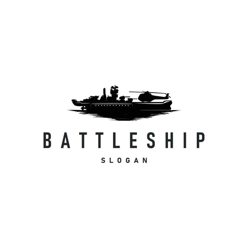 Military warship logo design, war ocean transport with ship icon with heavy weapons with black as brand template symbol and illustration vector