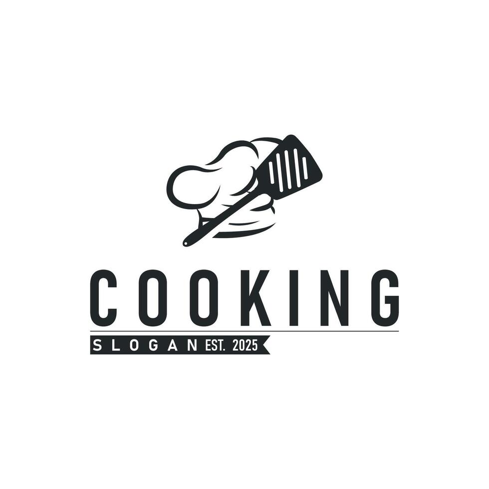 simple elegant silhouette concept design of cooking logo with chef hat icon, and cooking equipment silhouette symbol for restaurant vector