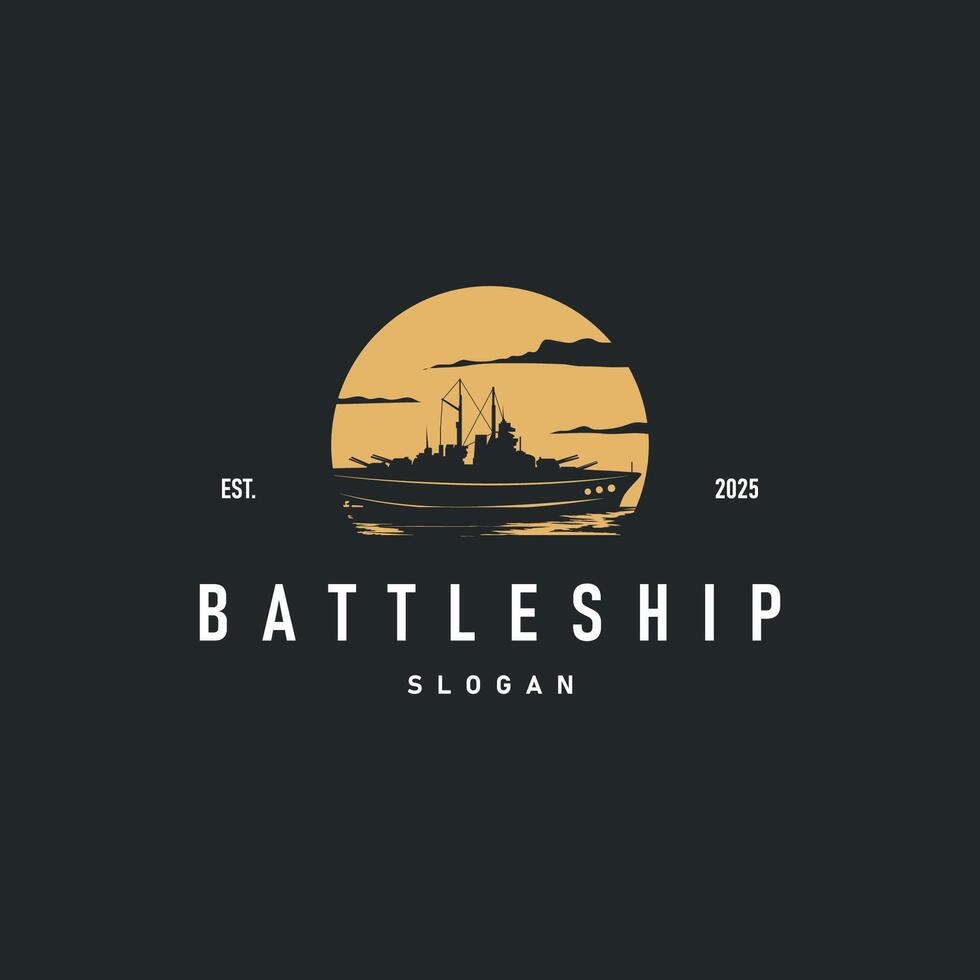 Military warship logo design, war ocean transport with ship icon with heavy weapons with black silhouette brand template symbol and illustration vector