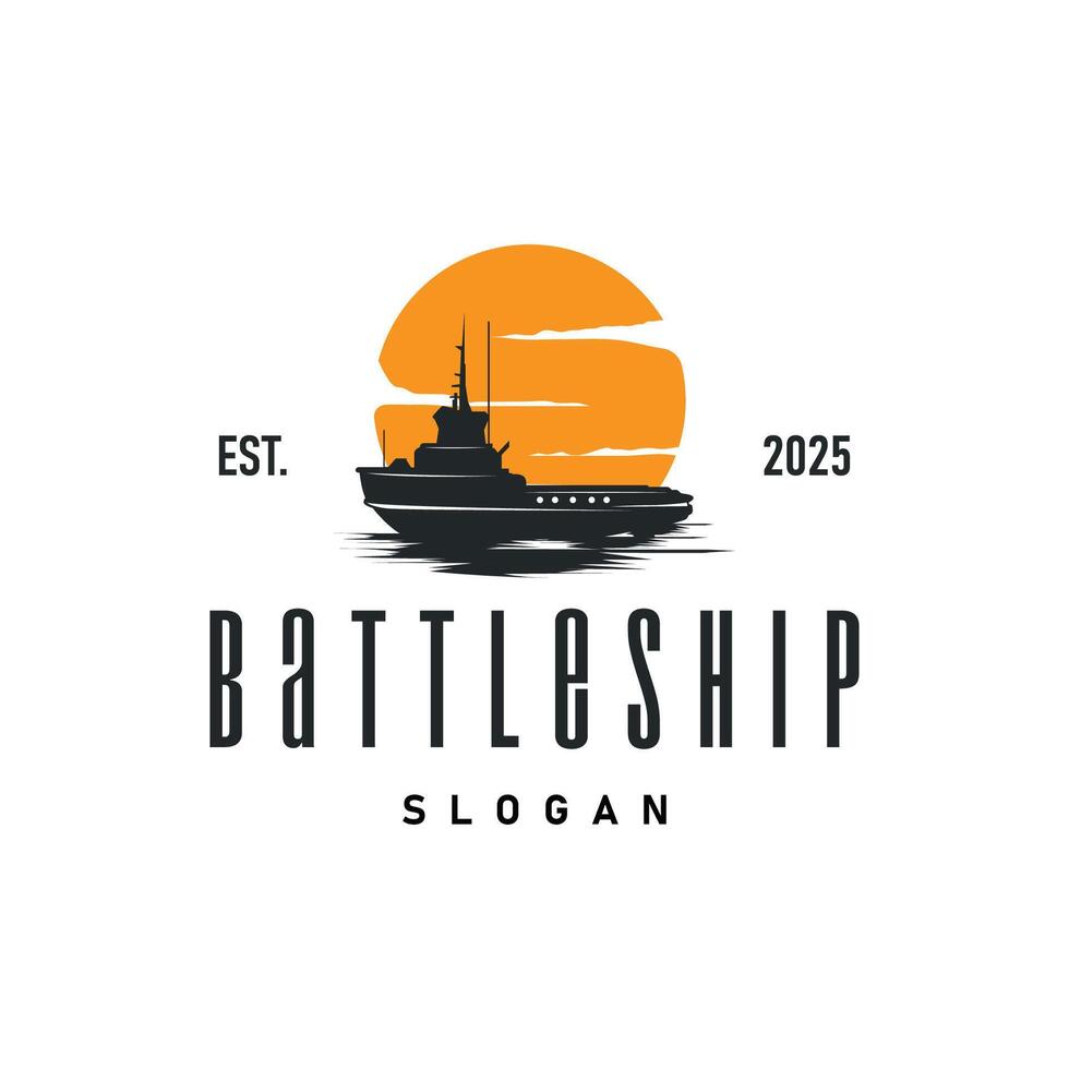 Military warship logo design, war ocean transport with ship icon with heavy weapons with black silhouette as brand template symbol vector