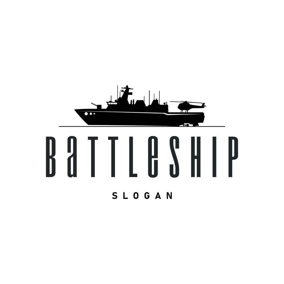 Military warship logo design, war ocean transport ship icon heavy weapons with black silhouette as brand template symbol and illustration vector