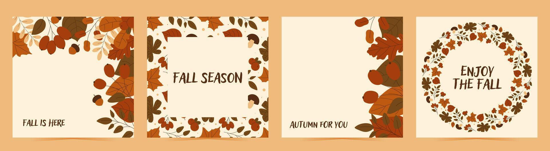 Set of cards with autumn design. Flat fall elements berries, leaves, acorn and more and text. illustration vector