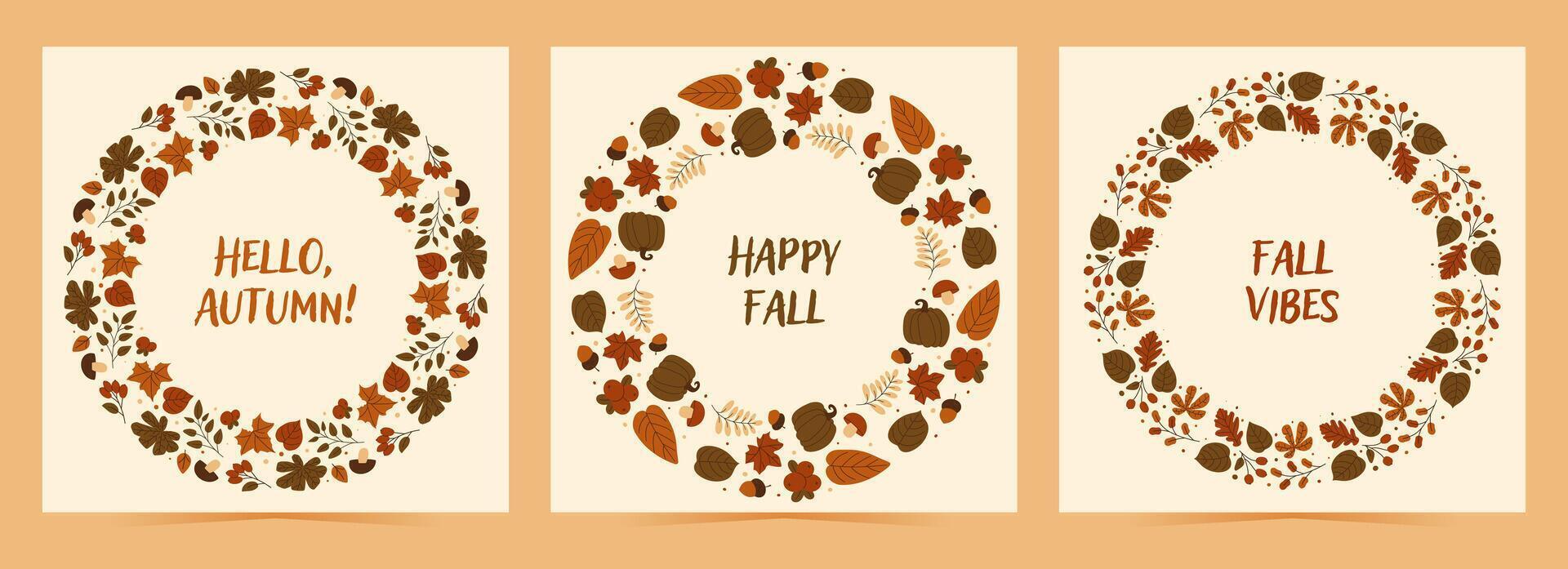 Set of cards with autumn design. Fall foliage frame illustrations with pumpkins, leaves, berries, branches and more. illustration vector