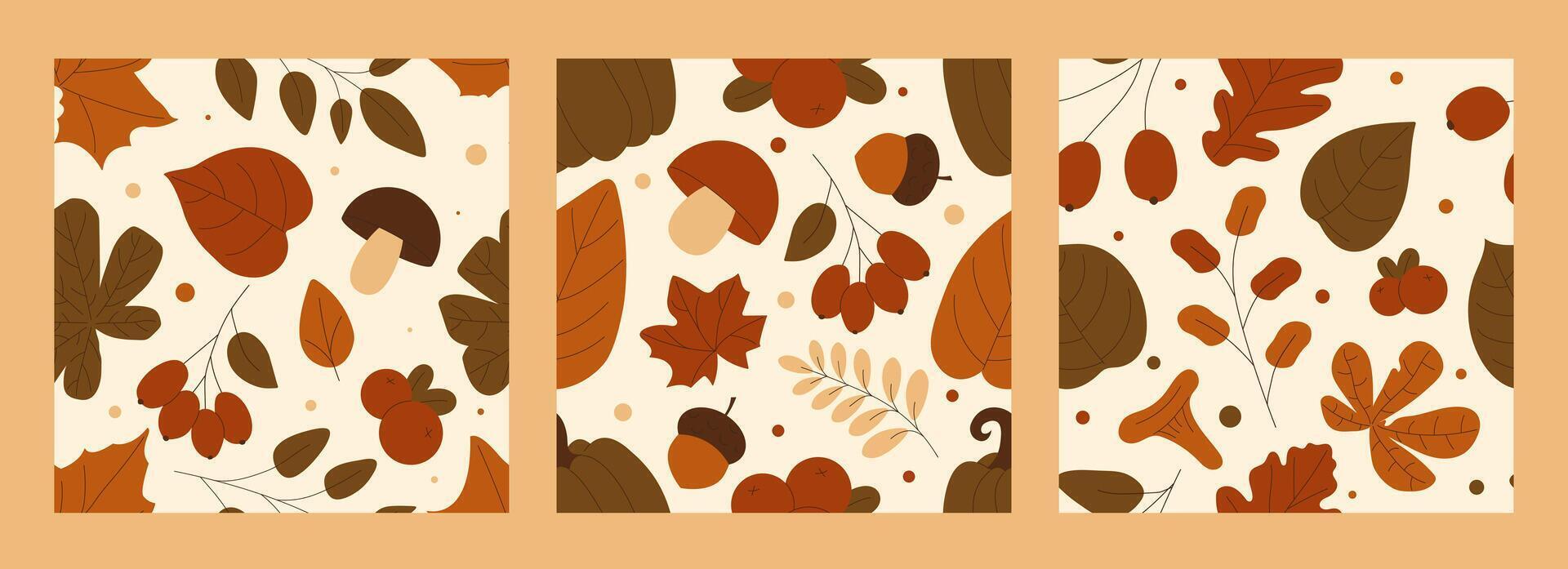 Autumn seamless pattern set with berries, mushrooms, acorns, colorful leaves. Perfect for fall print, fabric, textile, material and more. illustration vector