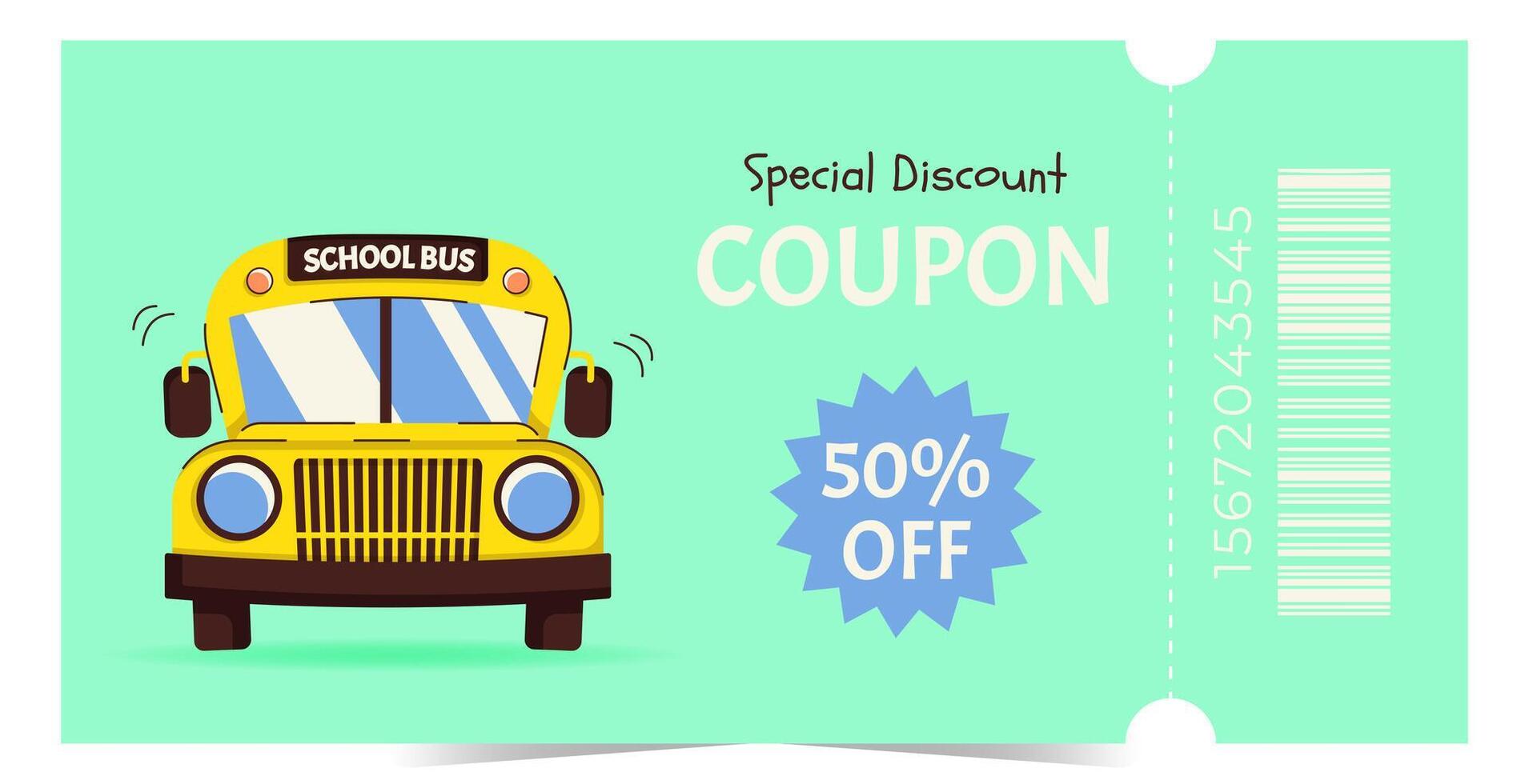 Modern gift voucher template with school bus. Design for promotions, discounts, rewards and marketing materials. Flat illustration vector