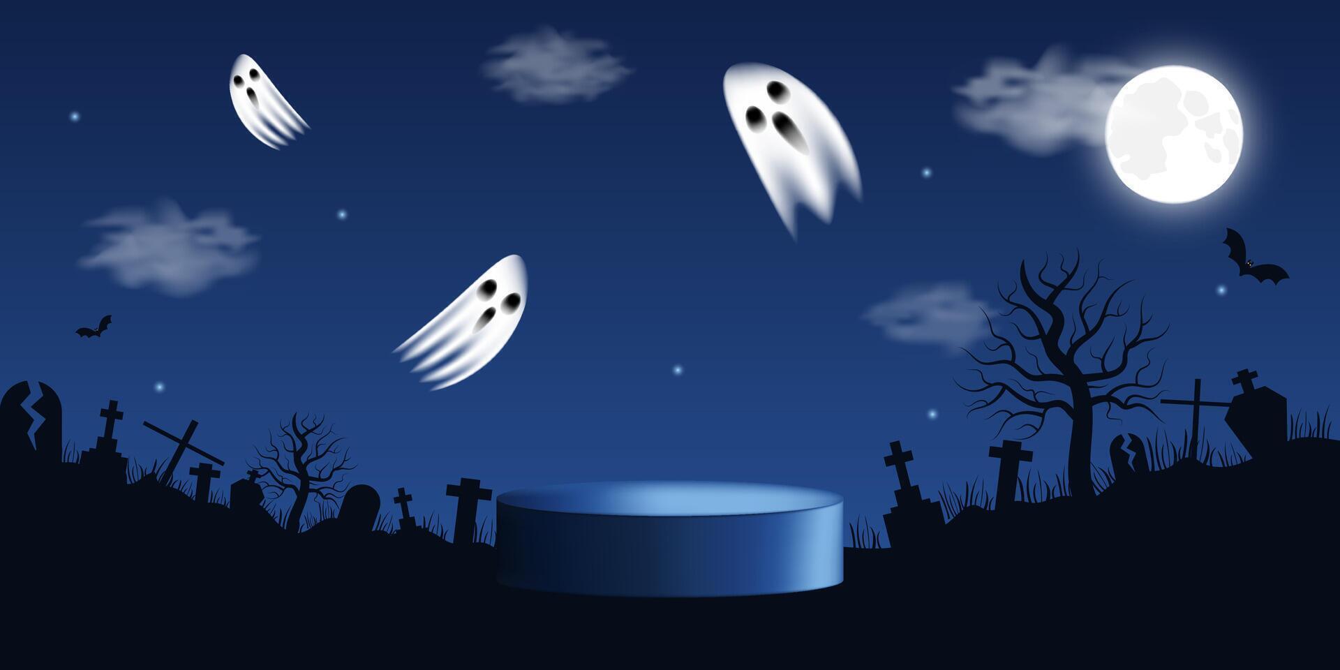 Horizontal Halloween background with flying ghosts, moon, spooky forest and copy space. Cartoon design for template or header design. illustration vector