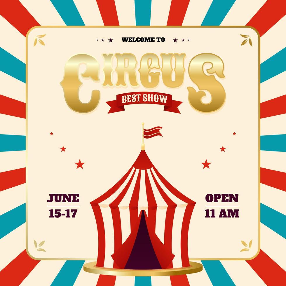 Golden circus card with tent and ribbon on radiant striped background. Design for festive poster or invitation. illustration vector