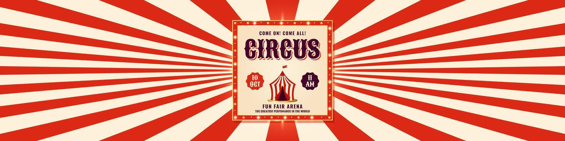 Retro circus banner with red rays on background and vintage frame. Template for event headers, carnival ads or themed promotions. illustration vector