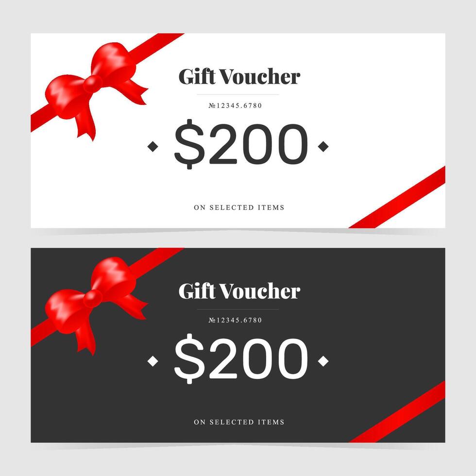 Elegant gift voucher with red classic bow knot and red satin ribbon on white and black background. High quality illustration for business and personal projects vector