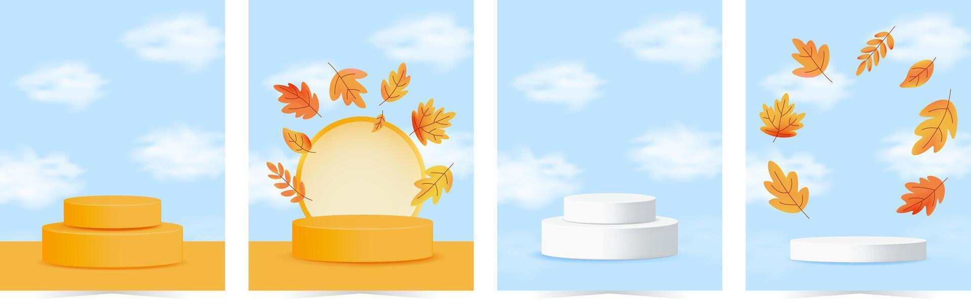 Collection of autumn themed vertical posters with white and orange 3D podiums and leaves swirling on blue sky background. illustration vector