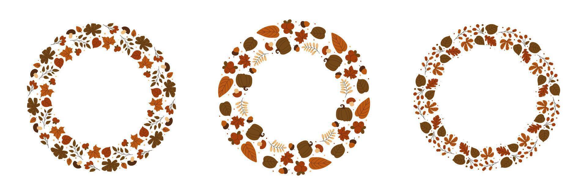 Fall foliage wreath illustrations set with pumpkins, leaves, berries, branches and more. Seasonal frame for autumnal nature design, invitations, web decor. illustration vector